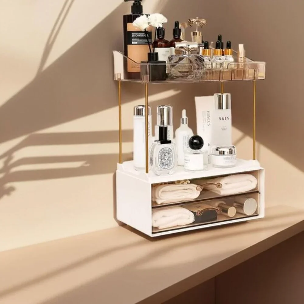 New Elegant 2-Tier Bathroom Organizer, Champagne Gold Makeup & Skincare Storage